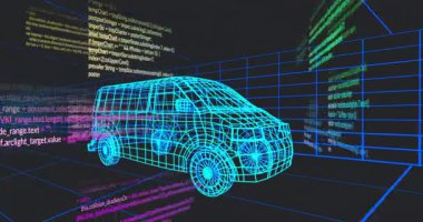 Simülasyonda, kablo karavanın etrafında kod yayını başlatın, kamera eğikliği canlı görüntüyü temsil ediyor. Fütürist, dijital, teknoloji, sanal, soyut, yenilik, siber