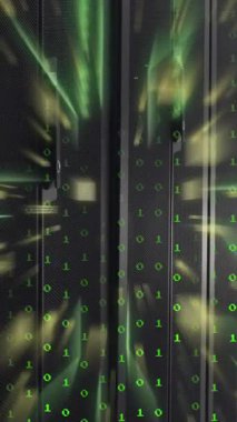 Bilgisayar sunucuları üzerinden veri işleme animasyonu. Küresel finans, iş, bağlantılar, hesaplama ve veri işleme kavramı dijital olarak oluşturulmuş video.