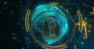 Dünya dönmeye başladığında, halka animasyonu, asma kilit zayıflıyor, titreşiyor, güvenlik motifini güçlendiriyor. Siber güvenlik, teknoloji, dijital, koruma, yenilik, fütüristik, ağ