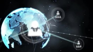 Şebeke tabanlı küresel ağı görselleştiren parlayan çizgilere bağlanan kullanıcı simgelerini tetikler. Gelecek, bağlantı, dijital, teknoloji, astronomi, soyut, iletişim