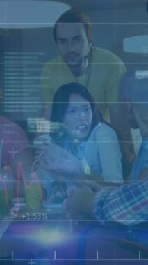 Animation of statistics and financial data processing over diverse business people. Global business, finance, computing and data processing concept digitally generated video.