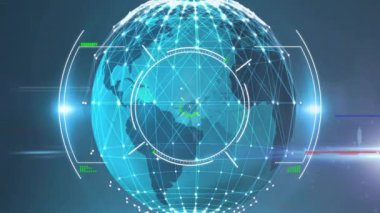 Koyu mavi arkaplan kablo küresi başlatılıyor, halkalar soluyor ve reticle titreşimli görselleştirme ağı. Teknoloji, siber uzay, sinirsel, gelecekçilik, yenilik, veri, görselleştirme