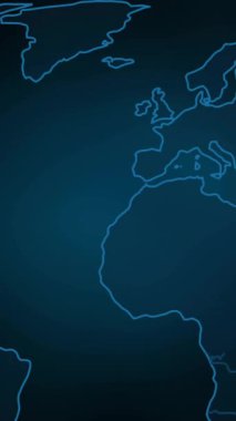 Dünya haritasında kara zemin üzerinde veri işleme animasyonu. Küresel bağlantılar, teknoloji, hesaplama ve dijital arayüz kavramı dijital olarak oluşturulmuş video.