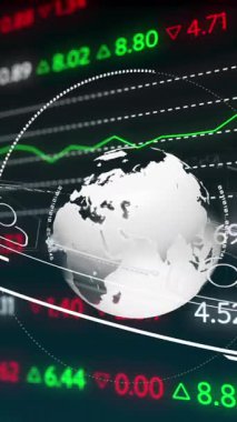 Mali veri işlemenin animasyonu ve simgelerle bağlantı ağının küresi. küresel finansman ağı dijital arayüz konsepti dijital olarak oluşturulmuş görüntü.