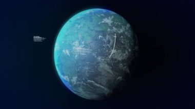 Başlangıçta Dünya benzeri gezegen yüzüyor, kod blokları oluşturuyor, yörünge çizimleri yapıyor verileri görselleştiriyor. Gezegen, veri, görselleştirme, teknoloji, dijital, evren, soyutlama