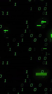 İkili kod ve veri işleme animasyonu. Siyah arkaplanda yeşil sayılar var. Dijital, teknoloji, kodlama, programlama, bilgi, siber uzay