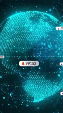 Dünya üzerindeki medya simgelerinin ve şekillerin animasyonu. Teknoloji, iş ve dijital arayüz kavramı dijital olarak oluşturulmuş video.