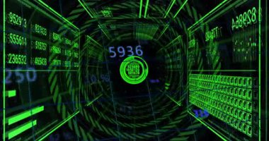 Telgraf tüneli açılıyor, kamera ileri gidiyor, paneller sallanıyor, HUD güncelleniyor, veriler görselleştiriliyor. Gelecekçi, dijital, teknoloji, veri, sanal, soyut, siber