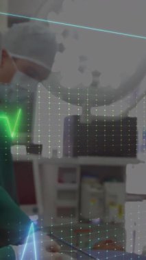 Hastanede ameliyat yapan çeşitli cerrahların tıbbi veri işleme ekibinin animasyonu. Tıbbi sağlık ve araştırma teknolojisi kavramı