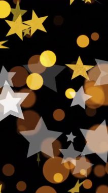 Altın ve beyaz yıldızların animasyonu, siyah arkaplanda sarı ve turuncu ışık noktaları. Parti, başarı, keyif ve kutlama, dijital olarak oluşturulmuş video.