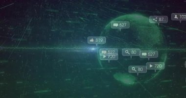 Nabız çizgisi yeşil şebeke üzerinde beliriyor, ikonlar çarpışma eğilimleri için dünyanın dört bir yanında toplanıyor. Teknoloji, dijital, yenilik, bağlantı, analitik, fütüristik, ağ