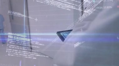 Doktor tableti tıkırdatıyor ve tıbbi çizelgeleri ve kod akışlarını güncellerken koridor boyunca hemşireyi takip ediyor. Tıbbi, teknoloji, geleceksel, sağlık, dijital, veri, analiz