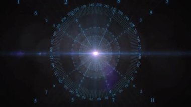 Işık saçan ve yıldız patlaması için ışıldayan ışıldayan ışınlarla dönen halkalar başlatılıyor. Fütürist, veri görselleştirme, teknoloji, bilim kurgu, dijital sanat, soyut, neon