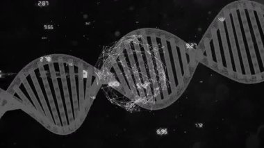 Bilgi analizi için teknoloji düğümleri oluştururken çubuğun sola doğru kaymasını ve DNA sarmalının bükülmesine neden olmasını tara. Gelecekçi, soyut, teknoloji, dijital, görselleştirme, yenilik, bilimsel