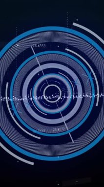 Animation of neon round scanner over data processing against black background. Computer interface and business technology concept