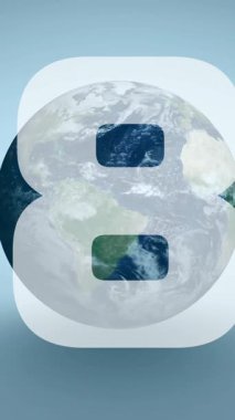 Mavi arka planda Dünya 'yı döndüren 5 numaralı animasyon. Küresel, teknoloji, dijital, 3D, geleceksel, gezegen