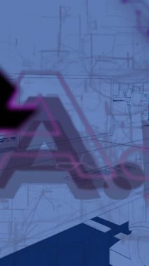 Masaların üzerinde mavi arka planda bilgisayarlı ai metin animasyonu. Genel meşgul, sosyal medya, ofis ve dijital arayüz kavramı dijital olarak oluşturulmuş video.