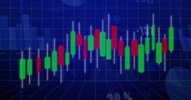 Başlangıçta şamdan çubukları fitillerle görünürken fiyat eğilimlerini gösteren rakamsal örtüşmeler görülür. Finansal analiz, veri görselleştirme, dijital ekran, borsa, ekonomik göstergeler, teknik ticaret, canlı tasarım