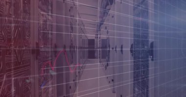 Şeffaf şebeke sunucu koridorunu süpürürken, kırmızı ve mavi çizgiler titreşerek veri eğilimlerini gösterir. Teknoloji, analitik, veri, dijital, siber güvenlik, altyapı, yenilik