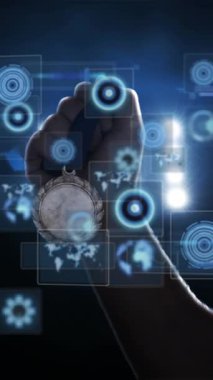 Animation of data processing over man holding medal. Global sports, fitness, computing and data processing concept digitally generated video.