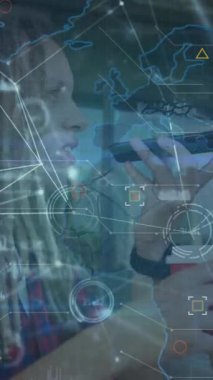 Animation of network of connections with data processing over caucasian woman using smartphone. Global technology, connections and digital interface concept digitally generated video.