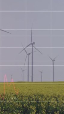Çayır üzerinde dönen yel değirmenlerinin istatistiksel veri işleme animasyonu. İş verileri ve yenilenebilir enerji teknolojisi kavramı