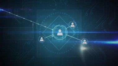 Işık çizgisi ağ büyümesini başlatıyor, kullanıcı simgeleri ortaya çıkıyor ve kümeleniyor, genişlemeyi gösteriyor. Teknoloji, bağlantı, dijital, ağ, siber uzay, fütüristik, soyut