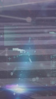 Futbolcular üzerinde veri işleme animasyonu. Küresel iş ve dijital arayüz kavramı dijital olarak oluşturulmuş video.