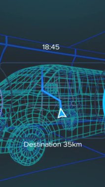 Minibüs simgesinin üzerinde sorunsuz bir şekilde dijital gösterge paneli veri işleme animasyonu. Otomobil mühendisliği ve teknoloji kavramı