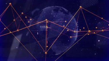 Titreşim düğümleri ve bağlanabilirliği gösteren kodlarla dönen ağda 3 boyutlu dijital küre soluyor. Teknoloji, bağlantı, yenilik, siber alan, dijital, geleceksel, veri