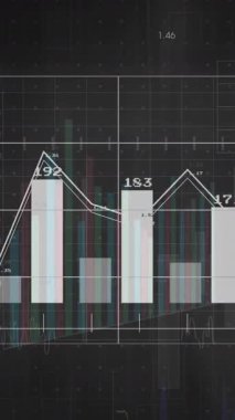 Karanlık arka planda istatistik ve dijital veri işleme animasyonu. Dijital olarak oluşturulmuş küresel bağlantılar, hesaplama ve veri işleme kavramı.