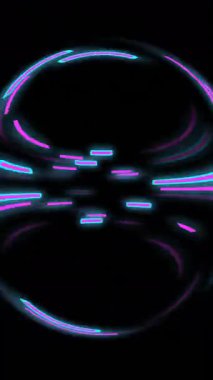 Dönen neon siyah arkaplan üzerinde donuk mavi ve pembe neon ışıklarının animasyonu. Bağlantı, veri, işleme, dijital arayüz ve iletişim, dijital olarak oluşturulmuş video.