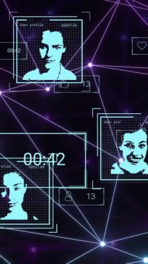 Siyah arkaplandaki bağlantılar ve biyometrik fotoğrafların animasyonu. Küresel bağlantılar, bulut hesaplama, dijital arayüz ve veri işleme kavramı dijital olarak oluşturuldu.