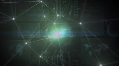 Başlangıç sinyali alınıyor, ağ düğümlerde ve izlerde kayboluyor, dönen radar taraması, döngü görüntüsü. Dijital, fütürist, soyut, teknolojik, siber, siber punk, ağ