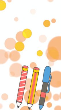 Kalemin, kalemlerin ve mavi kitapların üzerindeki turuncu noktaların animasyonu. Uluslararası okuryazarlık günü ve okuma konsepti dijital olarak oluşturulmuş video.