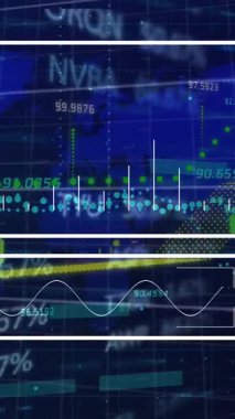 Dünya haritasına karşı finansal ve borsa veri işleme arayüzünün animasyonu. Küresel ekonomi ve iş teknolojisi kavramı