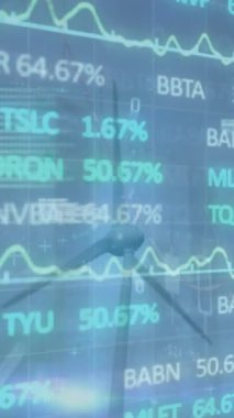 Konfetilerin düşüşüyle ilgili istatistik ve veri işleme animasyonu. Küresel finans ve teknoloji kavramı.