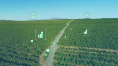 Veri simgeleri çevrilirken ve sürdürülebilirlik gözlemi için kod kaydırırken İHA meyve bahçesinde hareket ediyor. Tarım, sürdürülebilirlik, insansız hava aracı, uzaktan ölçüm, çevre, veri görselleştirme, temiz teknoloji