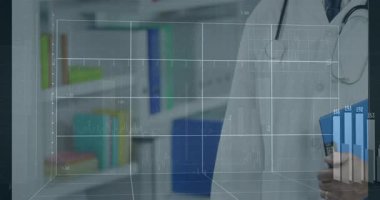 Doktor pano tutuyor ve hasta analizleri için 3D ızgara grafiği ve yükselen çubukları gösteriyor. Sağlık, analitik, veri görselleştirme, profesyonel, tıbbi, teknoloji, tanı