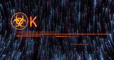 Turuncu biyolojik tehlikenin kayboluşunu ve kayan çubuklar metninin EMERGENCY ve Action 'ı oluşturduğunu gösteriyor. Uyarı, siber güvenlik, dijital arayüz, uyarı, tehlike, uyarı, hassasiyet