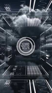 Animation of digital data processing over clouds. Global digital interface, networks and data processing concept digitally generated video.