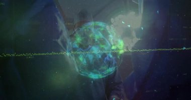 Teknoloji odasında kafa kaldıran ve ayarlayan bir adam, yükselen bir dünya dalgası. Teknoloji, veri, yenilik, analitik, fütürizm, robotik, görselleştirme