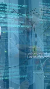 Animation of financial data processing and globe over business people in office. Global business, finance, computing, connections and data processing concept digitally generated video.