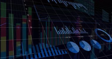 Izgara başlatılıyor, 3 boyutlu çubuk çizelgeleri çeviriliyor, pasta dilimleri dönüyor ve satırlar canlı verileri yeniden çiziyor. Veri, analitik, görselleştirme, bilgi, teknoloji, dijital, modern