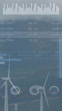 Rüzgar türbinleri üzerinde finansal veri işleme animasyonu. Küresel çevre, finans, iş, bağlantılar, hesaplama ve veri işleme kavramı dijital olarak oluşturulmuş video.