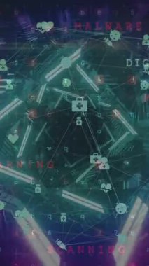 Dijital tünelde veri işleme animasyonu. Küresel iş ve dijital arayüz kavramı dijital olarak oluşturulmuş video.