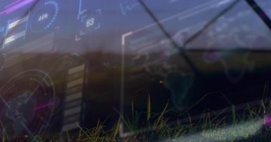 Çimenlerin açılışı UI 'nin gösterge yükselmesini, reaksiyonun güncellenmesini ve verinin görselleştirilmesini gösteriyor. Doğa, teknoloji, fütürizm, veri görselleştirme, çevre, yenilik, arayüz