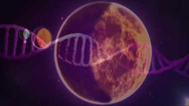 Mor renkli DNA sarmalı kahverengi gezegenin sağ kenarından kayarak dönen dokuları ortaya çıkarıyor. Göksel, fütüristik, kozmik, soyut, yenilik, keşif, canlı