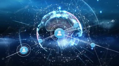 Kullanıcı simgesi solarken, dünya dönüyor, ağı görselleştirmek için düğümleri birleştiren parlak çizgiler gönderiyor. Teknoloji, bağlantı, siber alan, yenilik, dijital, küresel, ağ