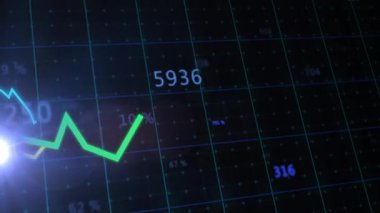 Parlayan ışık, yeşil mavi sarı çizgilerin yükselmesiyle belirdi ve veri eğilimlerini gösterdi. Analizler, veri görselleştirme, fütüristik, dijital arayüz, teknoloji, yenilik, hareket grafikleri